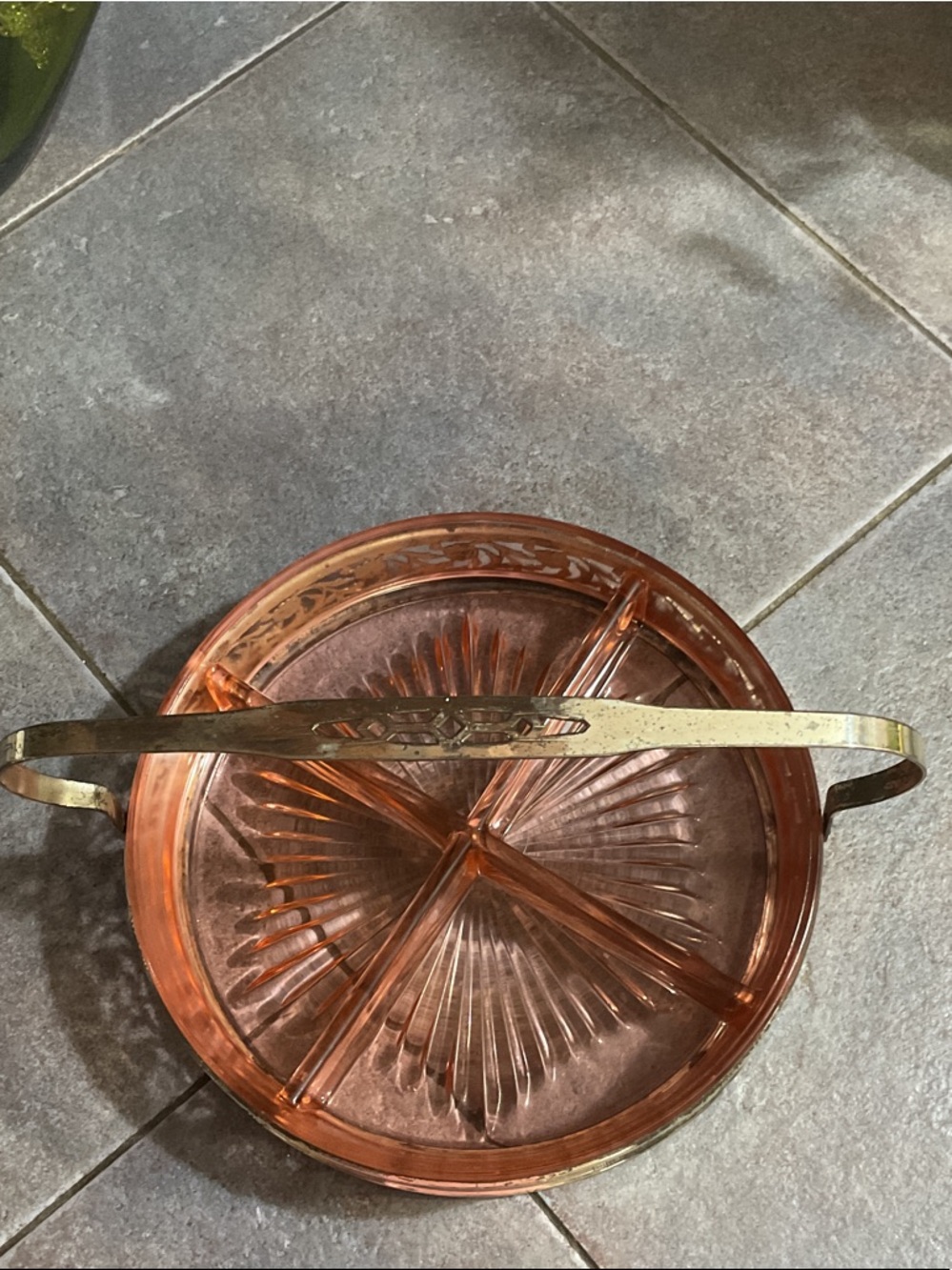 Vintage Pink/Peach Glass Divided Serving Dish with Brass Carrier - Picture 2 of 7